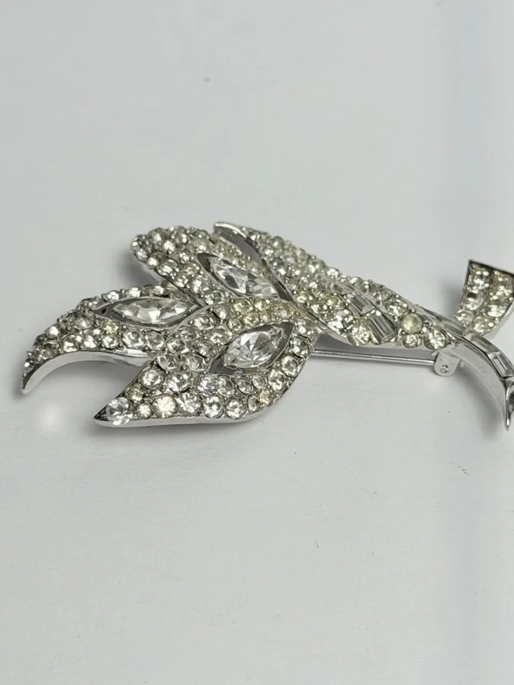 Vintage PELL Rhinestone Floral Spray Brooch 3in Silver Tone Baguette Marquise